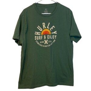 Men's HURLEY Surf & Enjoy Rainbow Aloha Green Iconic Graphic Board Shirt SIze L